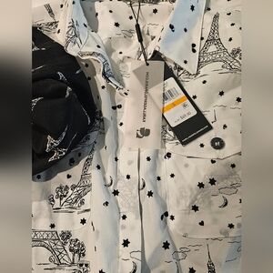 2 Karl Lagerfeld Womens’s White Printed button-down Shirts- Star & Eiffel Motif